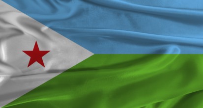 Flag of Djibouti with fabric textured background. Close up of National flag of Djibouti with