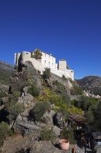 Citadel with the bastion Eagle's Nest, mountain town of Corte, on the right the village of Corte,