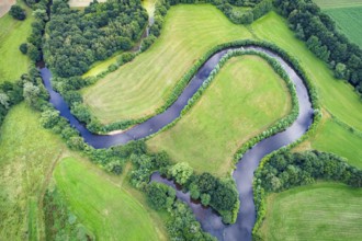 Aerial view of the Hunte river course, river, natural, Meander, Großenkneten, Lower Saxony, Germany