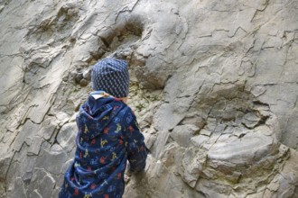 Child in front of dinosaur tracks near Barkhausen, Barkausen, Bad Essen, Lower Saxony, Germany