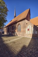 St. Nicolai church, late Gothic style, roof turret, church window, hall church, historic brick
