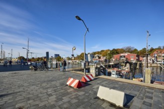 Wooden bridge, pedestrian bridge, harbor, harbor basin, general architecture, boats, trees, road