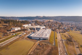 Factory complex in rural area with forest and roads, Glatten, Freudenstadt district, Germany