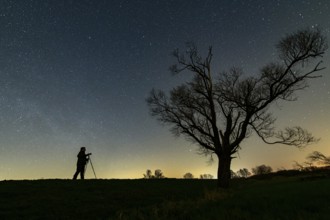 Nature photographer photographs a tree in front of a starry sky at night, Dümmer, Hüde, Lower