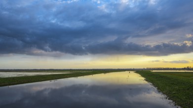 Sunset is reflected in the Hunte in Ochsenmoor at Dümmer See, Hüde, Lower Saxony, Germany