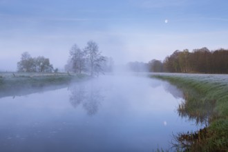 Daybreak with fog and moon on the Hunte near Colnrade, Colnrade, Bühren, Lower Saxony, Germany