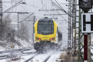 Regional train from Arverio on its way through a winter landscape in snowfall. The railcar train is