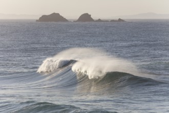 Looking towards Julian Rocks Nature Reserve across the breaking waves. Ocean view, Byron Bay, New