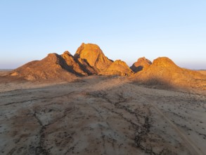 Aerial view, sunset, mountains in the desert, Spitzkoppe summit, Namib desert, Namibia
