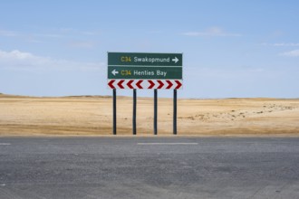 Road sign, Swakopmund and Henties Bay, Skeleton Coast, Dorob National Park, Namibia