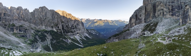 Rifugio Maria E Alberto Ai Brentai mountain hut and rocky peak, Brenta, Trentino, Italy