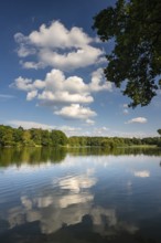 Cumulus clouds over Ahlhonrer fish ponds, reflection, Ahlhorn, Lower Saxony, Germany