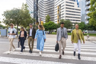 Group of multi ethnic business professionals collaborating and walking across a zebra crossing in a