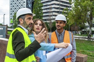 Group of diverse architects and engineers wearing hard hats and safety vests, discussing building