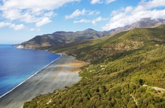 Black pebble beach Plage de Nonza or Plage Negro, Cap Corse, Haute-Corse Department, Corsica,