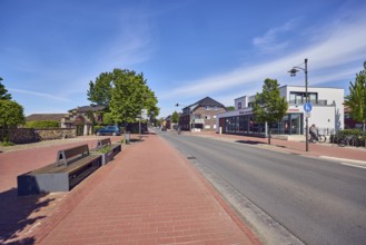 Commercial buildings, houses, general architecture, Landessparkasse zu Oldenburg, benches, lantern,