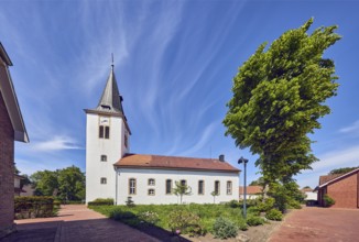 Ev. Church -Luth. parish of Vörden, church tower, general architecture, paving brick walkway, herb