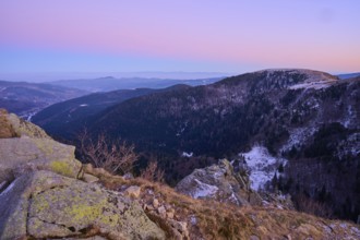 Hilly landscape at dusk, snow-covered, view of the Rhine Valley, viewpoint, La Gorge de Pierrel,