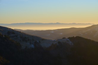 Sunrise over mountain landscape with rolling hills, fog and thick forests, morning, view, Rhine