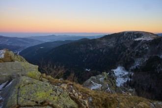 View of dark forests and hills at sunset, looking towards the Rhine Valley, viewpoint, La Gorge de