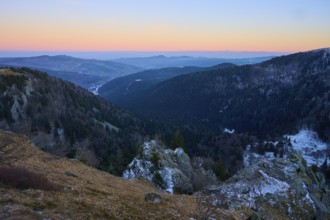 Hilly landscape at sunset with distant view, view of the Rhine Valley, viewpoint, La Gorge de