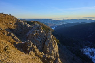 Panoramic view of rocky mountain landscape under blue sky and extensive view, view of the Rhine