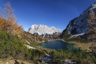 Seebensee with Zugspitze and Wetterstein Mountains in autumn, Alps, Tyrol, Austria