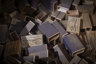 Old matchboxes covered with historical motifs, Tändsticksmuseet matchstick museum or match museum,