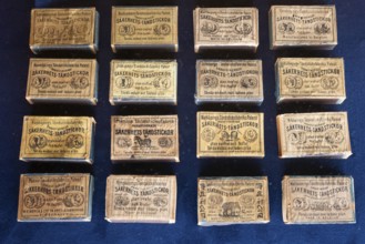 Matchboxes with old label design, Tändsticksmuseet Match Museum or Match Museum, Jönköping,