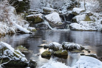 Gumpe with snow and moss-covered rocks in wintery Ilse Valley, Heinrich-Heine-Weg, Harz National