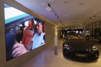 Aston Martin Vantage luxury sports car, exhibited in the Düsseldorf showroom, North
