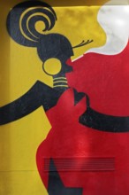 Stylized female figure, colored mural by street art artist Mina Mania, Cubus Kunsthalle,