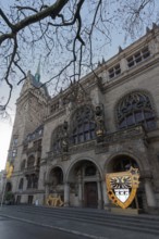 Duisburg town hall in early Renaissance style, entrance portal with Christmas decoration and city