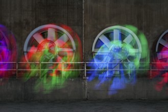 Light painting, color-lit fans of the former cooling plant, Landschaftspark Duisburg-Nord,