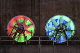 Two colour-illuminated fans at the cooling plant of the former steelworks, Landschaftspark