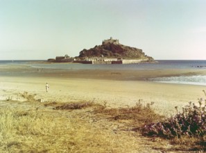 Beach at low tide, St Michael's Mount tidal island, Marazion, Cornwall, England, UK 1960s