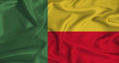 Realistic Benin flag waving. Close up of flag of Benin with cloth texture