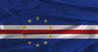 Flag of Cape Verde with fabric textured background. Close up of National flag of Cape Verde with