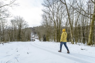 Person with yellow jacket and beanie beanie walking down a snow covered road winding through a bare
