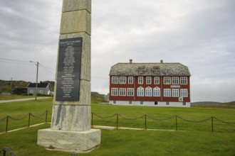 Kiberg, Troms, Norway, memorial in front of the Partisan Museum in the background on the Varanger