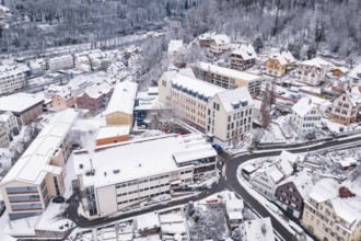 Snowy view of an urban area with buildings and roads, Calw, Black Forest, Germany