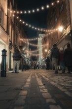 Old alley with lights and people in a warm and inviting atmosphere, London, England, United Kingdom