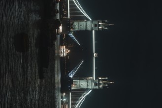 Illuminated Tower Bridge stretches across the river at night, London, England, Great Britain