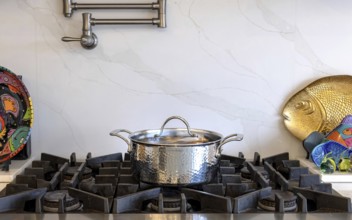 Modern kitchenware and microwave in luxury designer kitchen. Food preparation with expensive