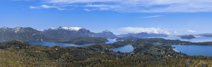 Argentina, Patagonia, scenic panoramic landscapes of Isla Victoria and Andes from Cerro Campanario