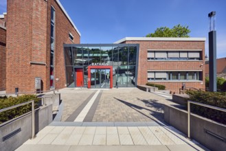 Town hall, brick building, modern architecture, entrance, staircase, stainless steel railing,