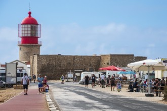 Lighthouse and souvenir shops at cape Cabo de Sao Vicente, Algarve, Portugal