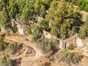 Ruins of former workshop halls, Mina de Sao Domingos, historic copper open-pit mine, aerial view,