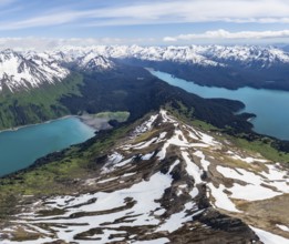 View of mountain landscape with turquoise blue fjord Sadie Cove and Tutka Bay, aerial view, Grace