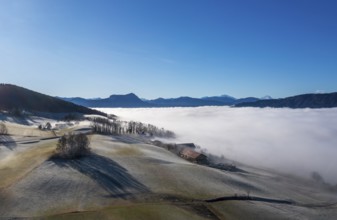 Drone view, agricultural landscape with farm in autumnal morning fog, inversion weather,